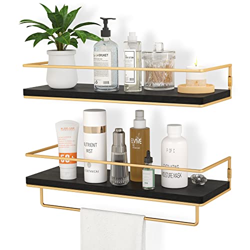ZGO Floating Shelves Black, Wall Mounted Storage Shelves with Golden Towel Rack for Bathroom, Kitchen, Bedroom, Set of 2 (Black)