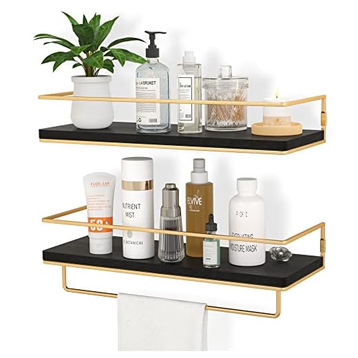 ZGO Floating Shelves Black, Wall Mounted Storage Shelves with Golden Towel Rack for Bathroom, Kitchen, Bedroom, Set of 2 (Black)