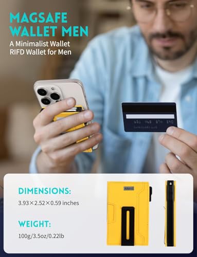 Image of Wallet for men,Magsafe Wallet with Money Clip,Ridge Wallets for Men | Magnetic wallet for iPhone 17 /16 /15 /14 /13 /12 Series,Card Holder(8 Cards & Bills), Aluminum & Microfiber Leather,Yellow