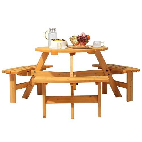 Jaeskeclip 6-Person Outdoor Circular Wooden Picnic Table with 3 Built-in Benches, Outside Table and Bench Set for Porch Backyard Patio Lawn Garden
