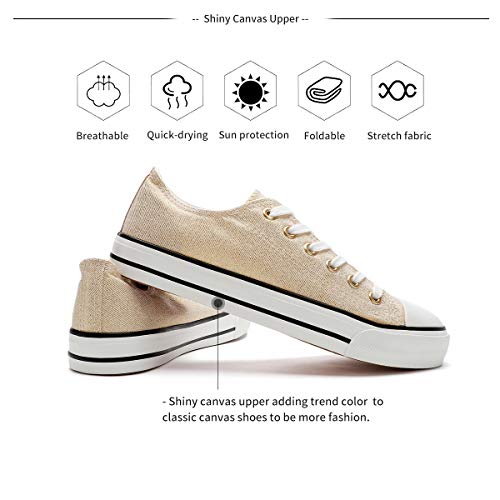 Adokoo Womens Canvas Shoes Casual Cute Sneakers Low Cut Lace up Fashion Comfortable for Walking(Gold,US7