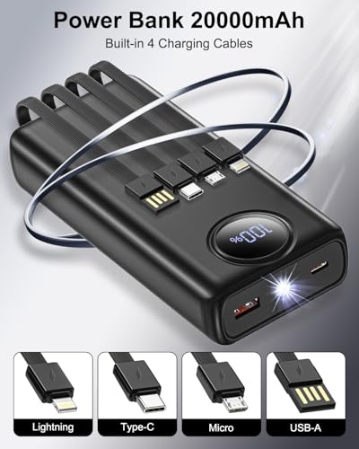 Power Bank 20000mAh met 4 Ingebouwde Kabels, 22,5 W Powerbank Snellaadfunctie en LED Display voor Op reis en kamperen Draagbare Oplader USB C Powerbank met Zaklamp voor iPhone 17 16 15 14/iPad/Samsung - Afbeelding 3
