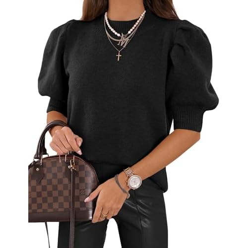 Women Puff Short Sleeve Sweater Summer Trendy Crewneck Pullover Knit Shirts Business Casual Outfit