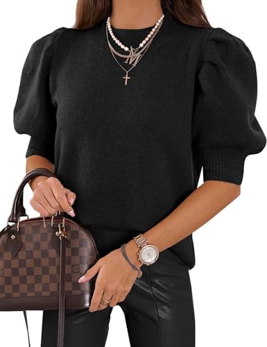 Women Puff Short Sleeve Sweater Summer Trendy Crewneck Pullover Knit Shirts Business Casual Outfit