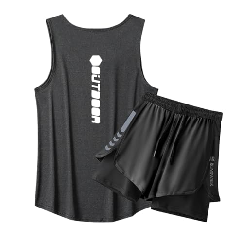 Conjunto de Ropa Deportiva de 2 Piezas para Hombre - Camiseta sin Mangas Holgada y Pantalones Cortos,Ligero y de Secado Rápido Conjuntos de Chandal Verano Traje de Entrenamiento para Gimnasio A L