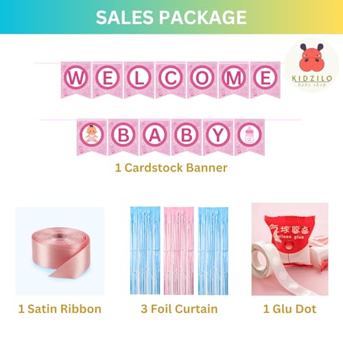 Image of 57 Pcs Welcome Baby Decoration Kit | Balloons, Banner, Curtains, Foils, Stars, Hearts & Confetti for Baby Shower & Newborn Celebration (Set 21)