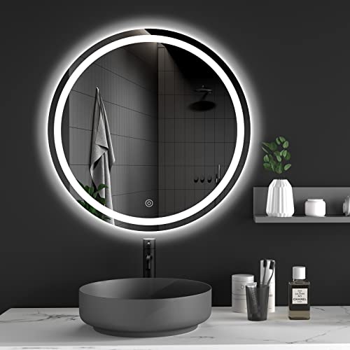 Dripex 500 mm Round Bathroom Mirror with LED Light, Wall Mounted Circle Makeup Mirror with Cold White Light, Anti-Fog, Front+Backlit, IP44