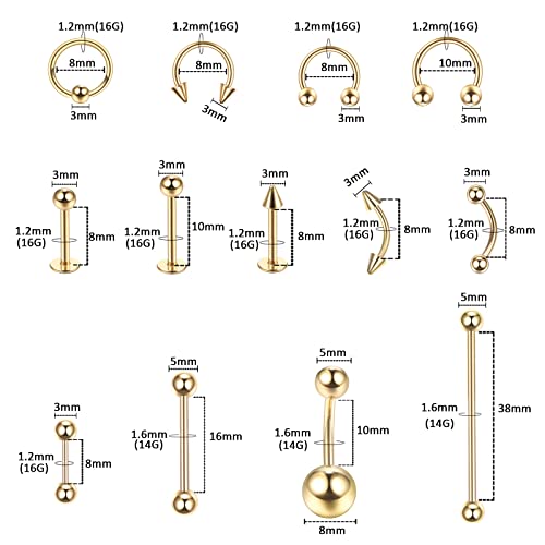 58Pcs Body Piercing Kit Surgical Steel 14G 16G Bcr Cbr Labret Lip Rings Cartilage Daith Earrings Belly Button Rings Nose Septum Piercing Jewelry Needles Gloves Clamps Tools, Gold #TOP1
