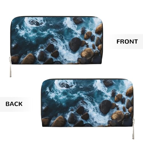 Sea Stones Printed Zip Around Long Wallet For Women Men Pu Leather Clutch Purse,Card Holder, Coin Pocket Stylish Travel Leather Billfold For Daily Use & Gifting3