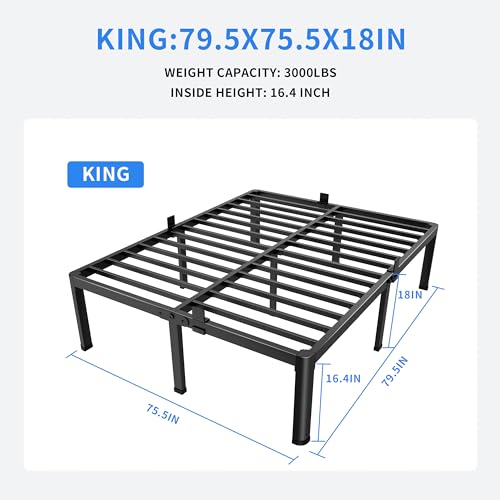 MAF 18 Inch King Size Bed Frame with Round Corner Legs Mattress Slide Stopper No Box Spring Needed Heavy Duty Metal Platform Bed Frames, 3000 LBS Steel Slats Support