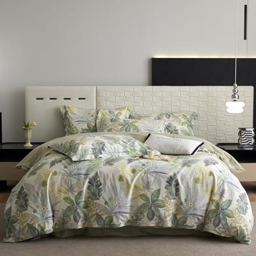 VM VOUGEMARKET Tropical Green Duvet Cover King 100% Brushed Cotton Coastal Leaves Bedding Set 1 Hawaiian Botanical Duvet Cover with 2 Pillow Shams-104x90 Inch