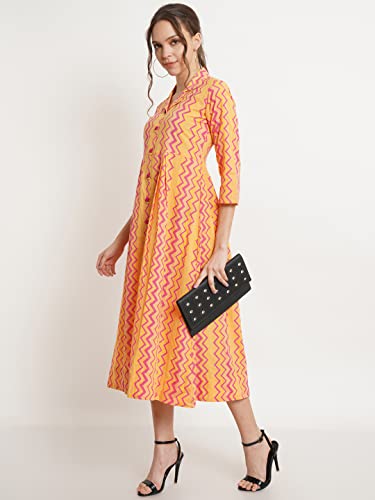 Image of COTLAND Fashions Jaipuri Cotton Flared A-Line Dress for Women (Yellow Current)
