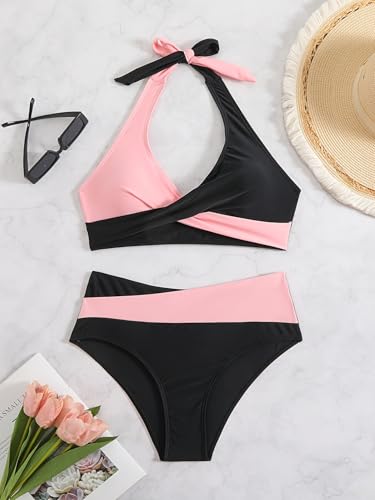 Two-Piece Bikini Swimsuit for Women Solid Color Sexy Patchwork Multi Color Sexy Bikini with Neck Strap2