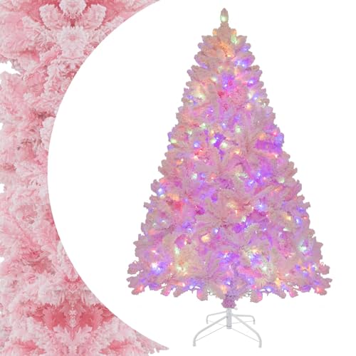 SPOTRAVEL Pre-lit Christmas Tree, 6FT Snow Flocked Pink Artificial Xmas Trees with 808 Branch Tips, 350 Colorful LED Lights & 8 Lighting Modes, Seasonal Holiday Decoration for Office Home