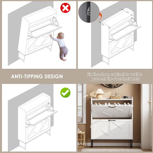 Image of Nicetree Shoe Cabinet with 2 Flip Drawers, Freestanding Shoe Organizer, Shoe Cabinet with Metal Legs, Narrow Shoe Rack Cabinet for Entryway, Foyer, Hallway, White