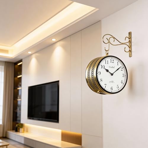 Image of CRAFTEL Double Sided Station Wall Clock Electroplated | Both Side Numerals | Aluminum Matte-Finish Dial Brass Body | Dial - 8 Inches, Shiny Gold | 365 Days Warranty