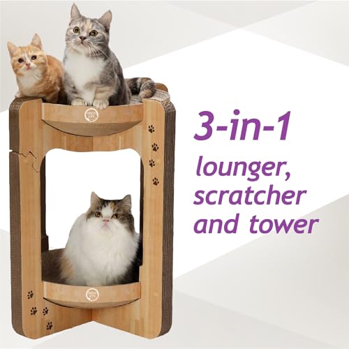 Image of Necoichi Cat Scratcher Tower for Indoor Cats - Cat Scratching Post Lounger with Reversible Usability and Extra Comfort for Lounge, Cardboard Bed Couch / (XL, Oak)