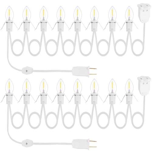 2Pack Accessory Cord with 16 LED Light Bulbs and Outlet Christmas Village Light 14.7FT White Cord with Spare Fuse Warm White C7 Lamp for Halloween Pumpkins Christmas Village Houses Craft Decoration