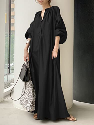 Zanzea Women's Lantern Sleeve V Neck Pleated Casual Loose Shirts Long Maxi Dress Party Night Black-046 X-Large #TOP1