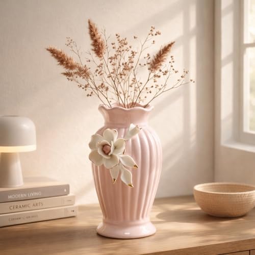 Image of MARKET 99 Light Pink Ceramic Curvy Vase with Engraved Floral Pattern | Decorative Flower Holder for Fresh & Artificial Flowers | Aesthetic Tabletop Vase for Home Decor, Living Room, Bedroom, & Office
