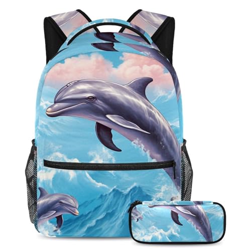 Ensemble cartable baleine avec trousse grand format bleu pour élèves de primaire et collège