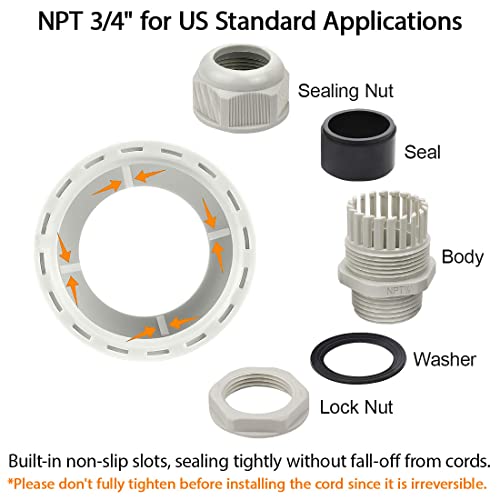 Prensaestopas NPT de 3/4 pulgadas LeMotech de nailon gris ajustables para cables de 12,5-18 mm 5