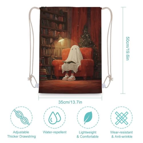 Cute Ghost Reading in Armchair Drawstring Backpack Canvas String Bag Lightweight Sports Gym Bag for Men Women2
