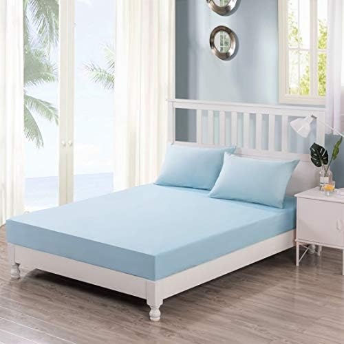 DaDa Bedding Soothing Minty Blue Fitted Sheet w/Pillow Cases - Cotton Seafoam Pastel Baby Sky Blue - Queen Size - 3-Pieces
