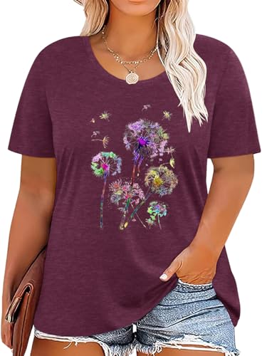 MK Shop Limited Plus Size Shirt for Women Summer Dandelion Graphic Tops Loose Round Neck Short Sleeve Tees Shirt