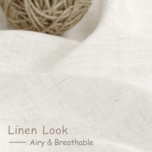 Image of Beige White Linen Curtains 90 Inch Long 2 Panels Set for Bedroom Living Room Beige White Soft Linen Textured Window Drapes Semi Sheer Light Filtering Rod Pocket Back Tab Farmhouse Curtain 52x90