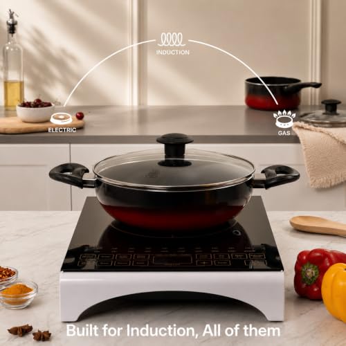 Image of Kreme Aura Granite Non Stick Cookware Set 7pcs | Aluminium Cookware Set | Non Stick Flat Tawa, Fry Pan, Sauce Pan, Kadhai with Glass Lid | Uses Less Oil | Induction Gas Stove Compatible, Red