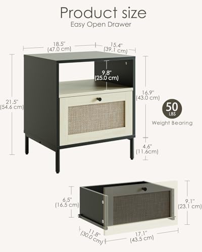 Image of Nightstand Rattan Night Stand,Large Modern Side Table Boho Farmhouse Wood Bedside Table with Storage Drawer and Open Shelf,Large End Side Table for Bedroom,Living Room,Office(Black)