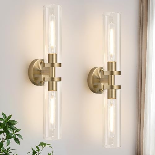 Image of Wall Sconces Set of Two, Hardwired Brass Bathroom Sconces Wall Lighting with Clear Glass, Modern Sconces Wall Decor Set of 2 Vanity Light fixtures for Bathroom Mirror Bedroom (Bulbs Not Included)