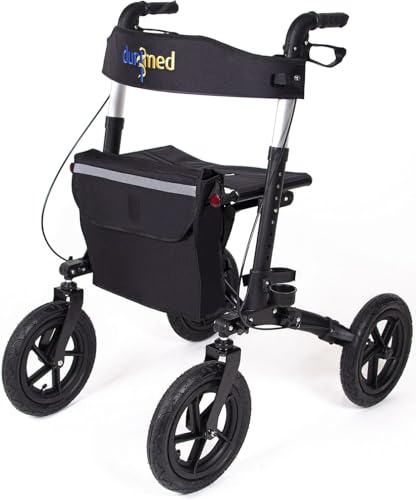 Dunimed Outdoor Rollator mit Luftbereifung und Sitz - Stoßdämpfende großen Luftreifen und Tragetasche - Faltrollator - Robustes und faltbares Design