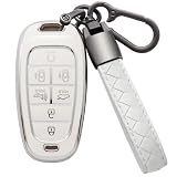 Eisgul for Hyundai Key Fob Cover with Leather Keychain Soft TPU Full Protection Key Case Shell Holder Compatible with 2024 2023 2022 2021 Sonata Santa fe Tucson Nexo Palisade 7 Button, B-White