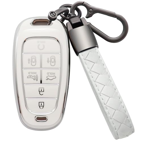 Eisgul for Hyundai Key Fob Cover with Leather Keychain Soft TPU Full Protection Key Case Shell Holder Compatible with 2024 2023 2022 2021 Sonata Santa fe Tucson Nexo Palisade 7 Button B-White
