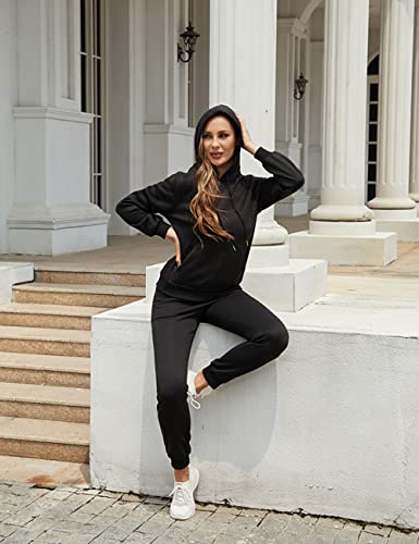 Kansoon Women Jogger Outfits Sets Two Piece Solid Long Sleeves Hoodies Tops And Bodycon Pants Sweatsuits Black L #TOP5