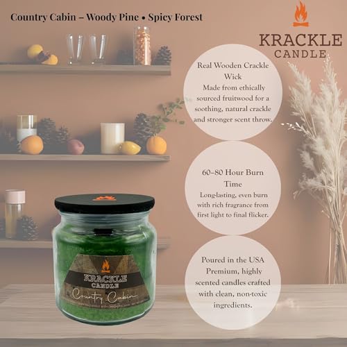 Image of Krackle Candle | Country Cabin | 16 oz Scented Candle with Natural Crackling Wooden Wick | Poured in the USA | Woody Pine & Spicy Forest Fragrance