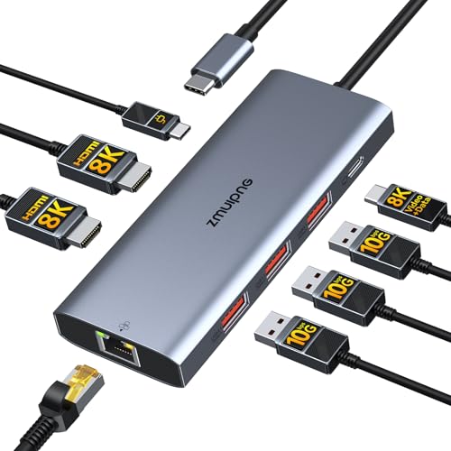 Image of Laptop USB C Docking Station Dual HDMI Monitors 8K USB C Video USB-C Hub | Docking Station 3 Monitors USB C to 2 HDMI with USB-C Video Output HDMI 3*10G USB Port PD Ethernet for Dell HP