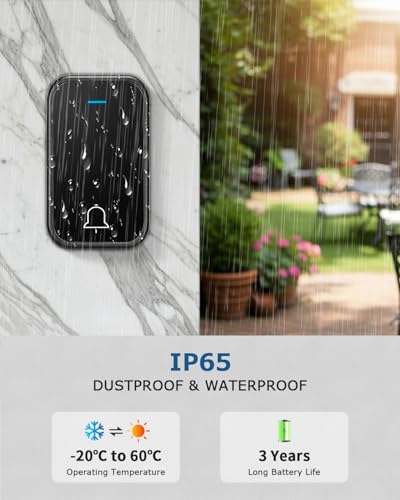 Funkklingel Aussen Wasserdicht, 400m Reichweite Kabellose Türklingel Funk Set mit 2 Plug-In-Empfänger und 1 Sender,Haustürklingel mit LED-Blitz, 4 Lautstärkestufen, 63 Melodien – Bild 5