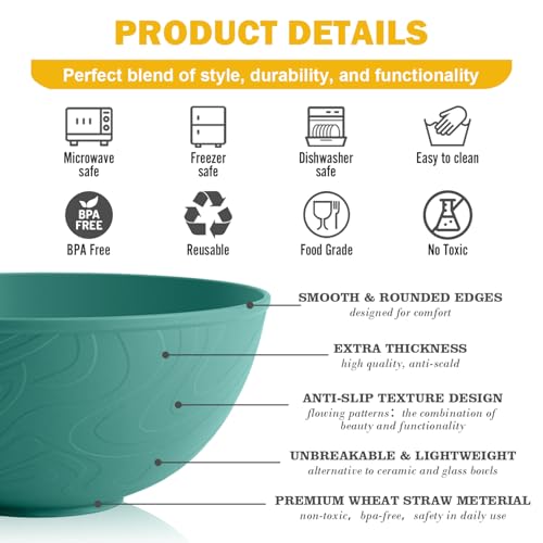 Image of 40 OZ Wheat Straw Bowl Sets, 6 PCS Unbreakable & Lightweight Salad Bowls, Microwave & Dishwasher Safe, BPA-Free, Kitchen Bowl Set for Serving, Soup, Oatmeal, Fruit, Noodles, Green