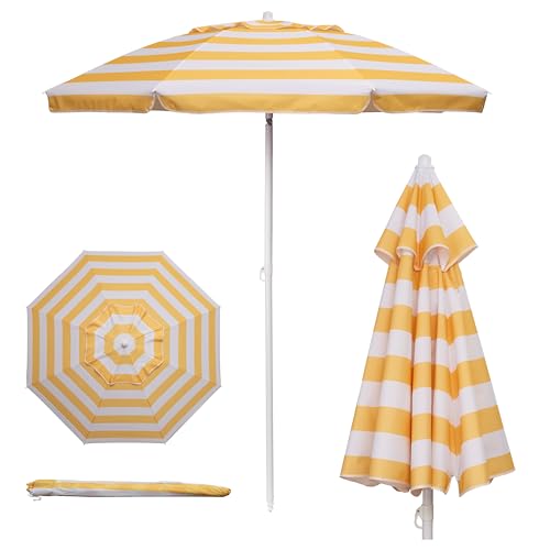 PICNIC TIME 5.5 Ft Portable Beach Umbrella, Lightweight UV Protection Sunshade with Tilt Pole & Carry Bag, Outdoor Canopy Umbrella for Beach, Sand, Pool, Patio, Camping, Travel, or Backyard Shade, (Yellow Cabana Stripe)