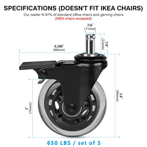 Hirate 5 Pack Office Chair Casters (2 With Brakes, 3 Without), 3" Lockable Heavy Duty Swivel Caster Replacements Smooth Rolling For Hardwood Floor Carpet #TOP2