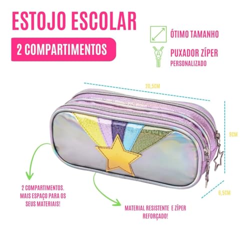 Kit Mochila Escolar com Rodinhas, Lancheira, Estojo, 12 Lápis de Cor, Borracha e Apontador, Estampa