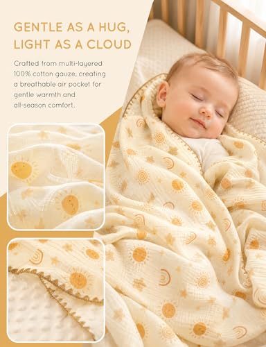 Image of Baby Blanket 40x40 Inches,Muslin Cotton and Minky Dotted Double Layer Soft Receiving Blanket for Newborn Toddler,Boho Sky