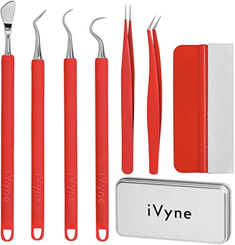 iVyne (7pcs) Vinyl Weeding Tool Kit Best Soft Grip Tools with Weeder, Tweezers, Picker Or Hook and Scraper Berry Essentials Silicone Set for Silhouette Cameos Cricut and Scrapbook Letter Craft (Red)