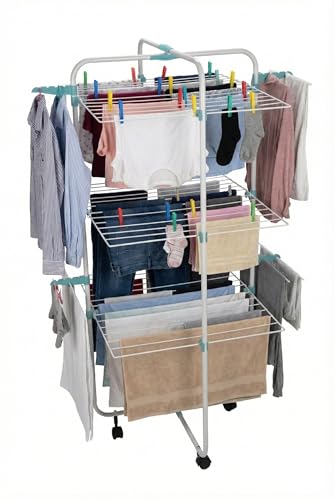 Mundo Home Tendedero Vertical Plegable 40M 4 Niveles con Ruedas 61×70×175cm - Tendedero de Pie Plegable de Acero para Interior y Exterior - Tenderetes de Ropa Plegables Que Ahorra Espacio y Tiempo