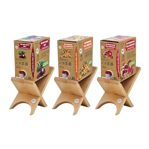 Saftständer für 3 L Saftboxen von PassionBio – aus massivem Buchenholz, hergestellt in Deutschland – stilvolle und praktische Aufbewahrung für Bag-in-Box-Säfte