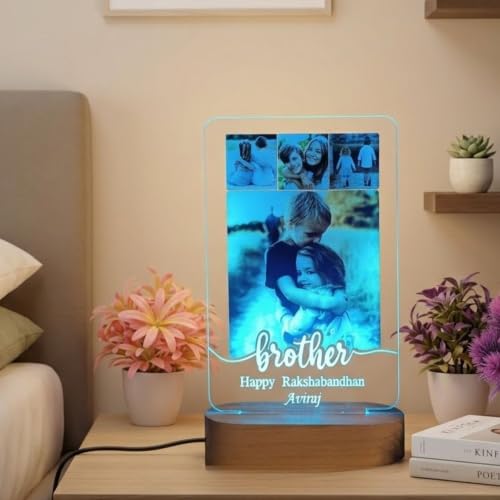 Image of Personalized Rakshabandhan Table Lamp for Brother - Custom Photo LED Night Light with Name - Multicolor Acrylic Lamp Gift for Brother from Sister - Rakhi Decorative Keepsake