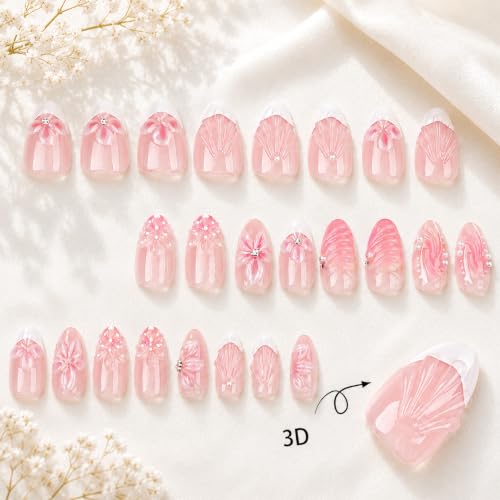 Image of Secret Lives Almond Nail Extensions 3D Pink Pearl With French Tip Details Dimensional Flower Artificial Nail Art, 24-Piece Set with Kit
